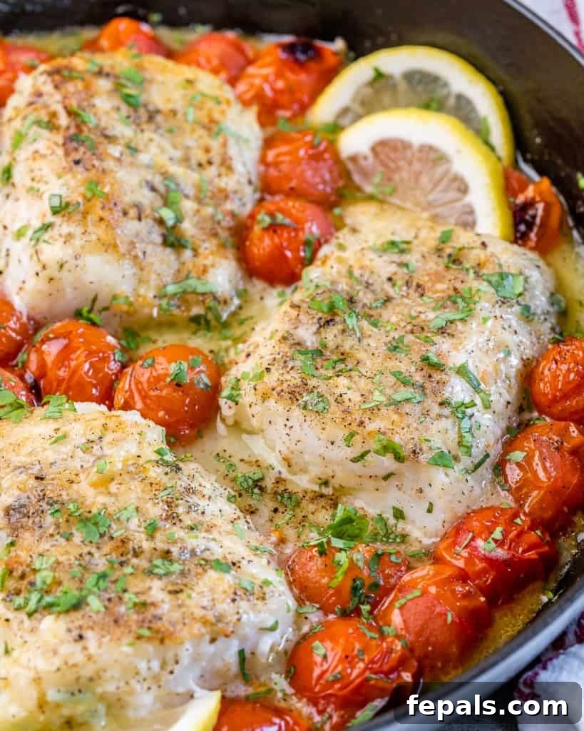 Bright Lemon Garlic Cod Bake 10 close up image of cooked cod with blistered tomatoes and lemon wedges to garnish