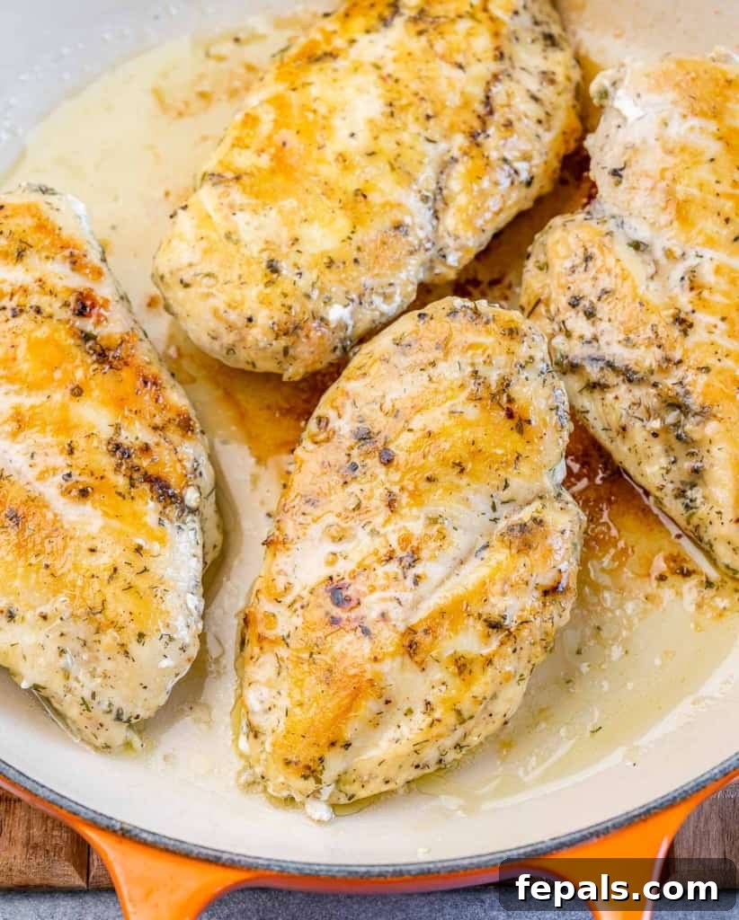 Chicken breasts searing in a hot oven-proof skillet, developing a golden crust on the stovetop.
