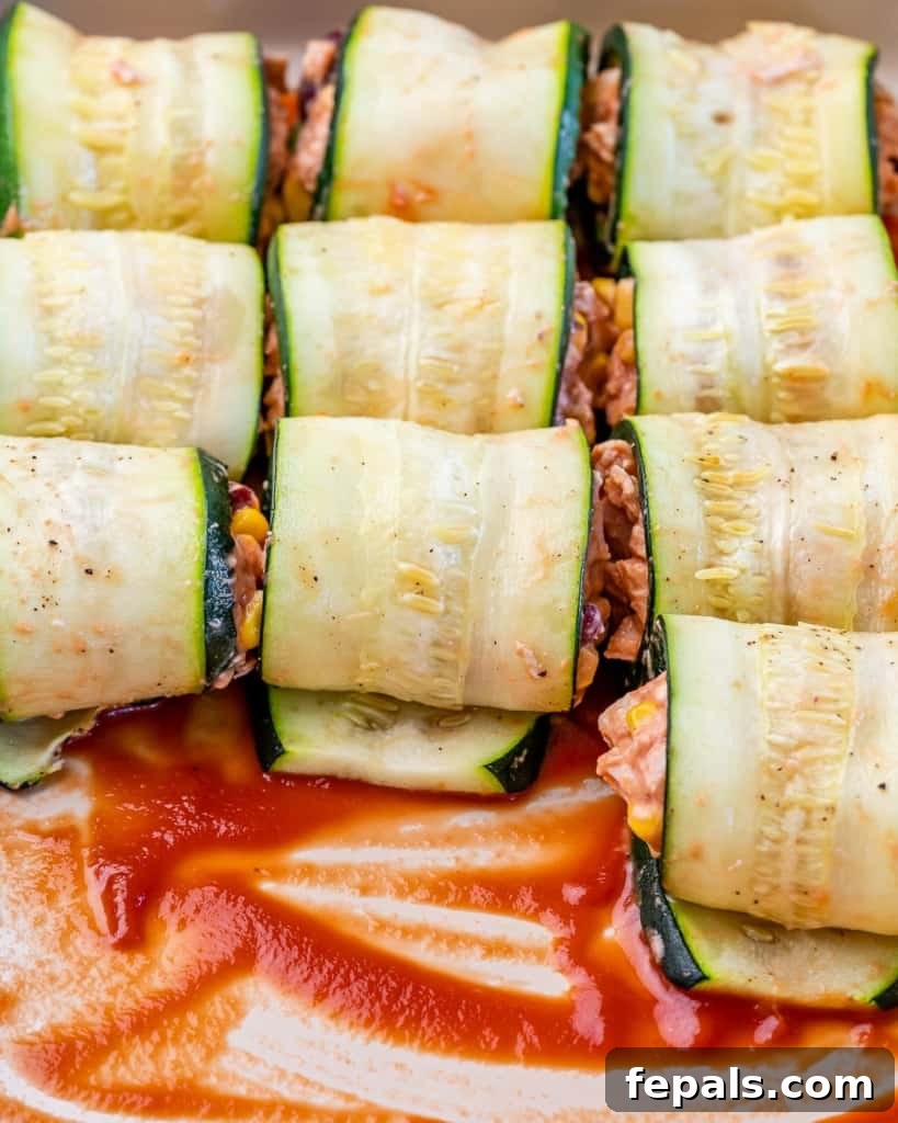 shredded chicken enchilada rolled with thinly sliced zucchini being assembled in a dish