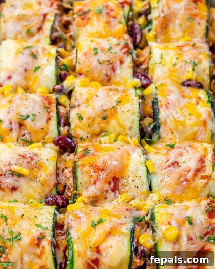 close up top view of chicken enchilada roll-ups with thinly sliced  zucchini topped with melted cheese in a dish