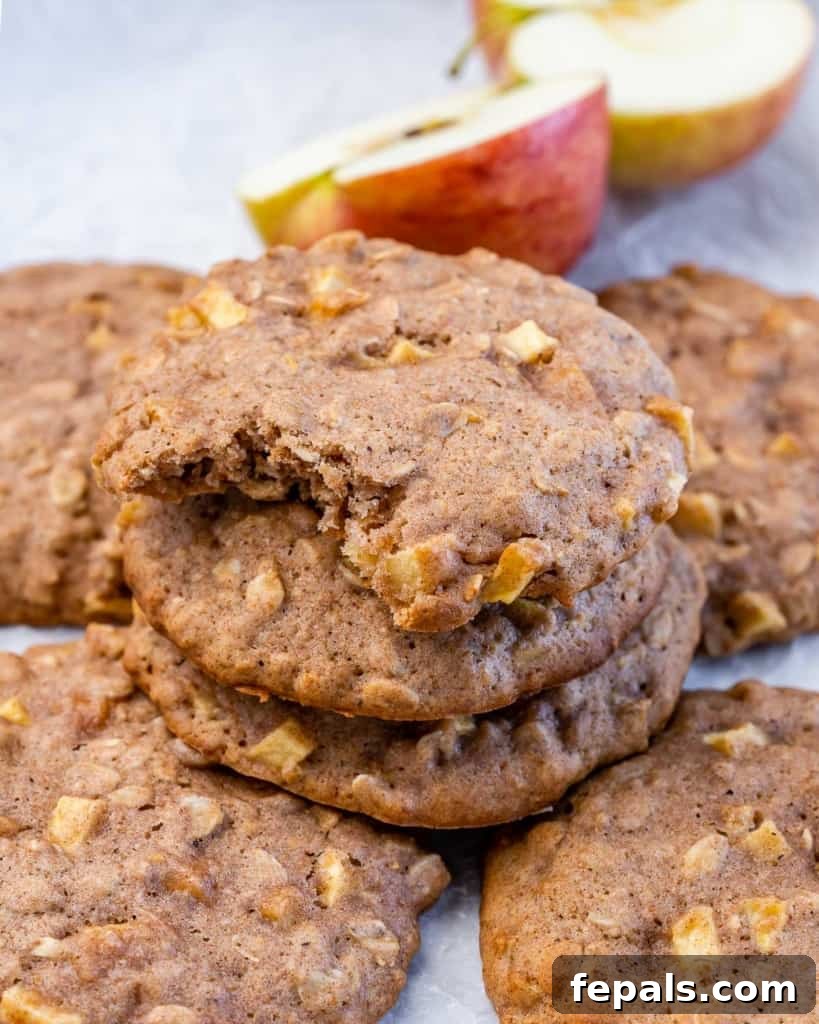 Warm Apple Cinnamon Oat Cookies 4 Stacked apple cookies and one with a bite taken out.