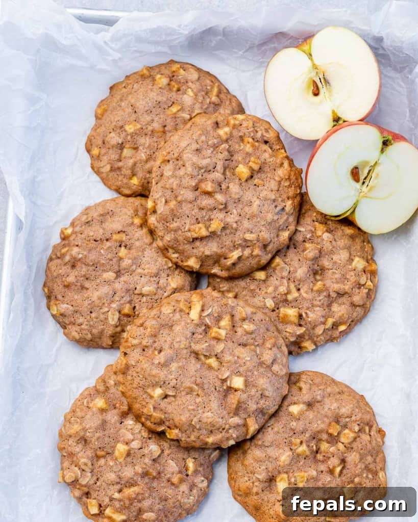 Warm Apple Cinnamon Oat Cookies 10 Apple cookies on a white serving tray.