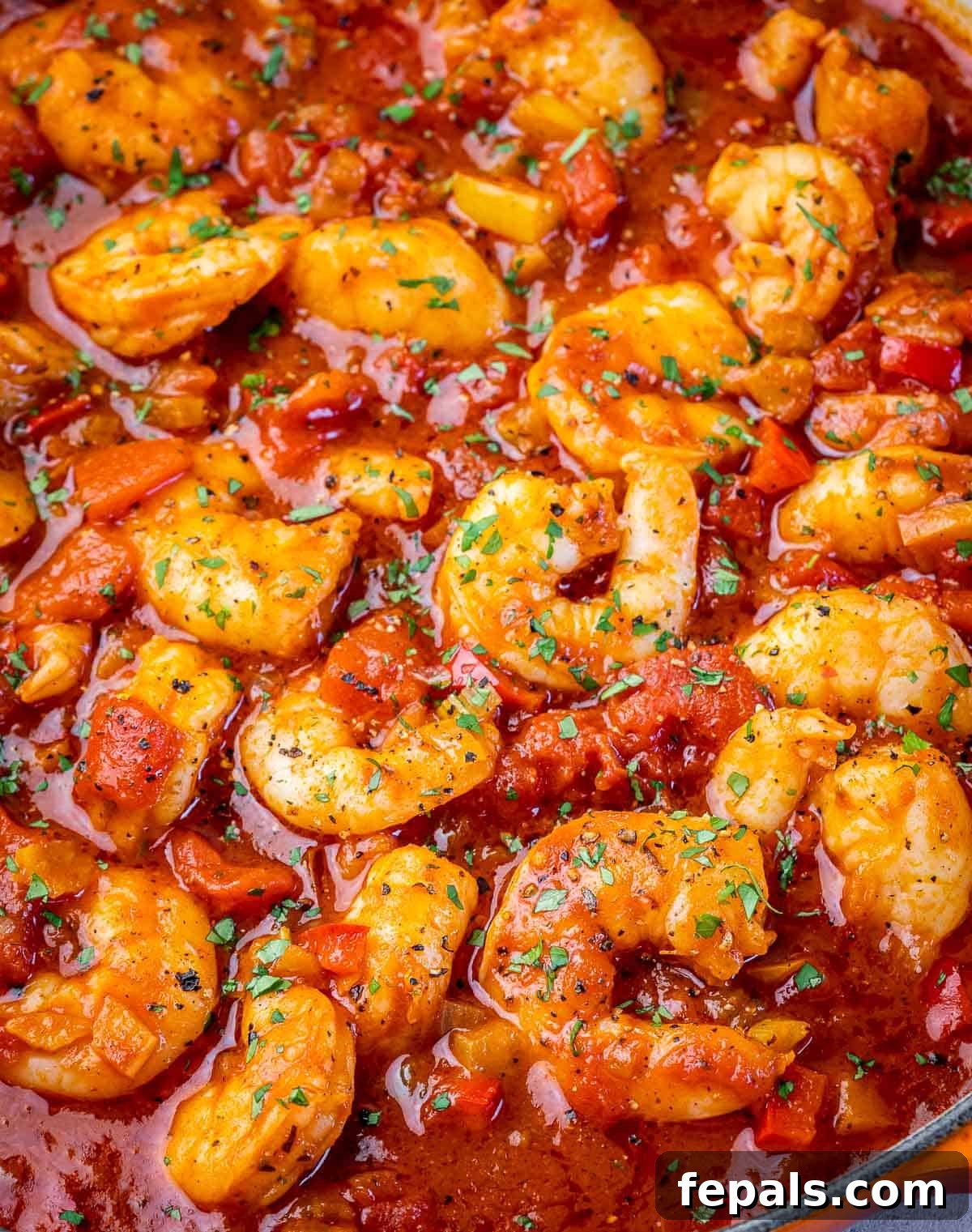Closeup view of shrimp Creole in a pan.