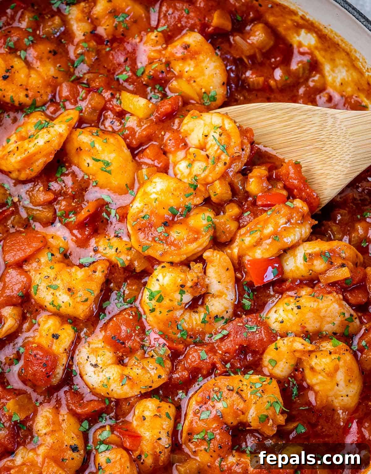 Using a wooden spoon to serve shrimp in a tomato based sauce.