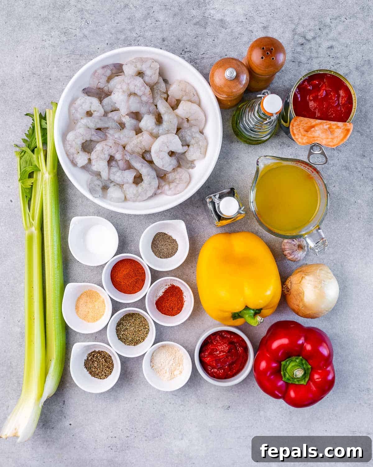 Shrimp, celery, spices, bell pepper, onion, garlic, stock and olive oil divided into portions.