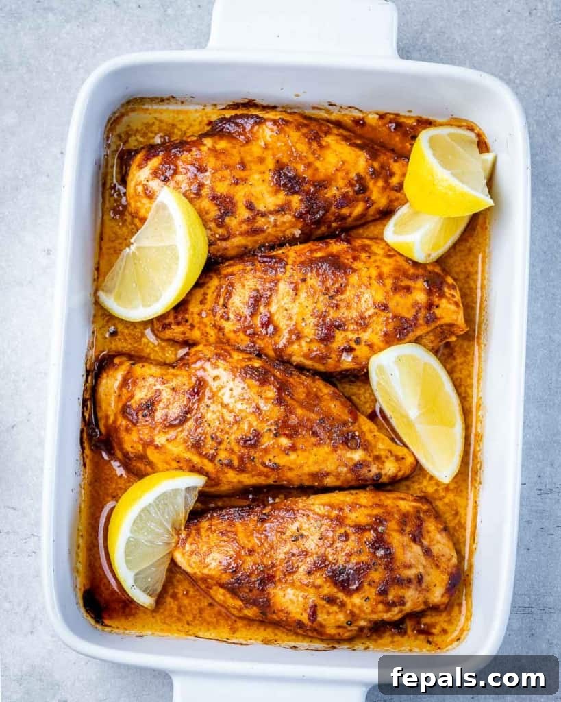 Spicy Harissa Roasted Chicken 11 top view of a square baking dish that is white and has 4 baked chicken breasts with lemon garnishes