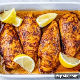 Spicy Harissa Roasted Chicken 12 top view of 4 baked chicken breasts that are orange in color in a white dish with lemon wedges as garnishes