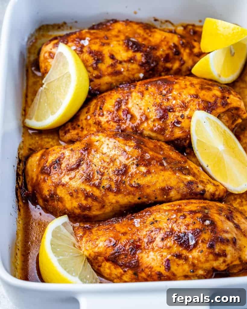 Spicy Harissa Roasted Chicken 3 close up of 4 baked chicken breasts that are orange looking in a white baking dish with lemon garnishes