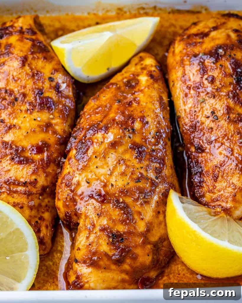 Spicy Harissa Roasted Chicken 10 close up image of a baked chicken breast in a dish with lemon garnishes