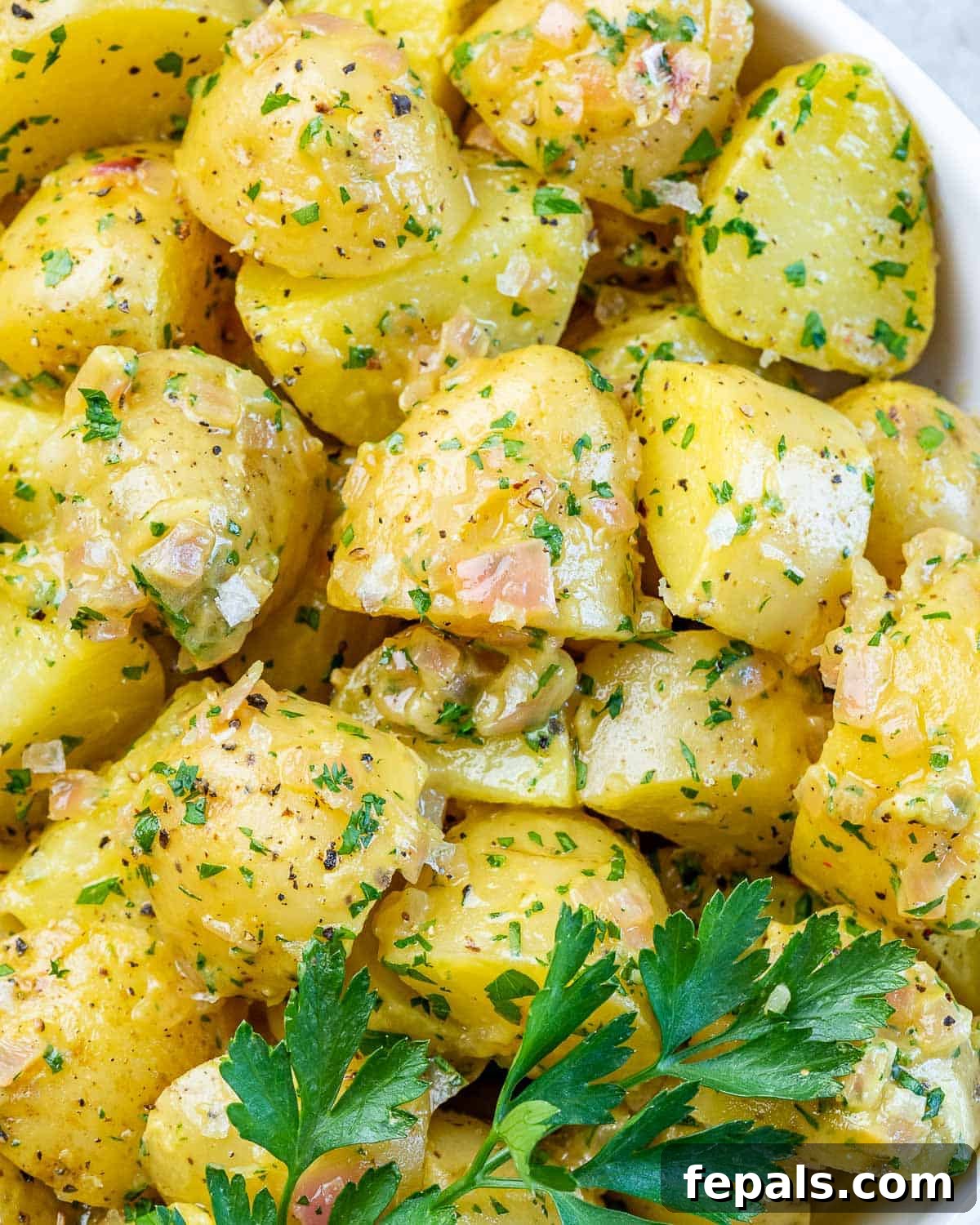 Hearty Warm German Potato Salad 3 Closeup view of German potato salad garnished with fresh parsley.