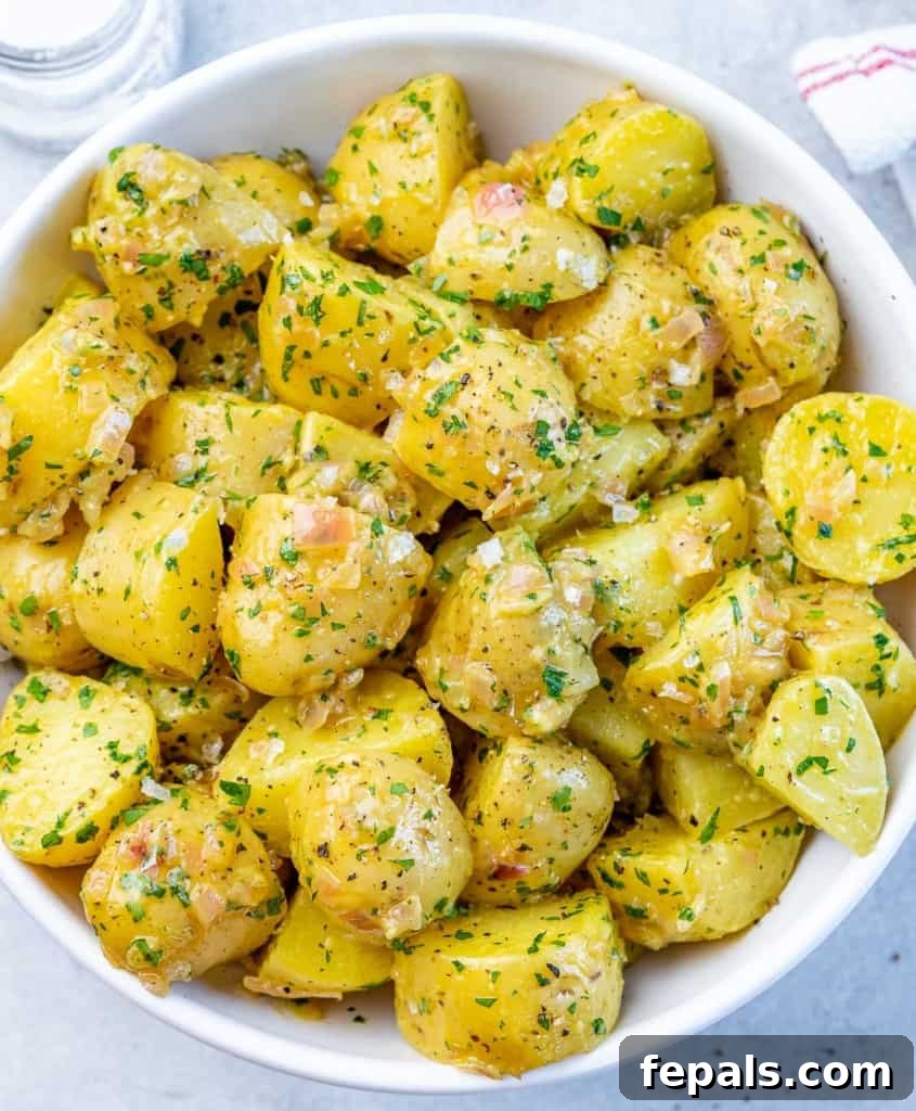 Hearty Warm German Potato Salad 9 close up image of potato salad in a bowl