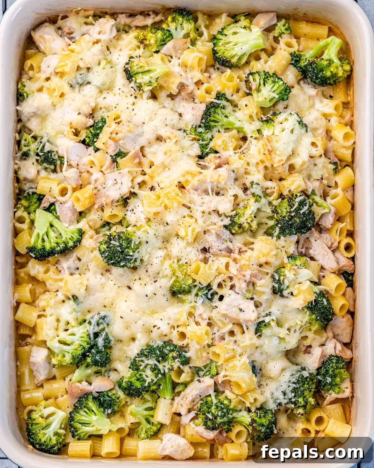 Chicken and pasta baked on a white dish with broccoli topped with cheese, ready to serve.