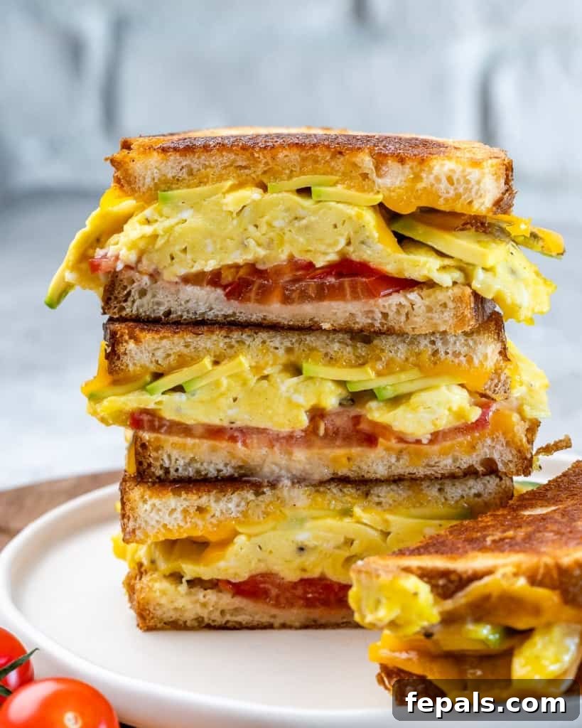 Side shot of two breakfast egg sandwiches stacked over each other on a plate, showcasing their inviting layers.