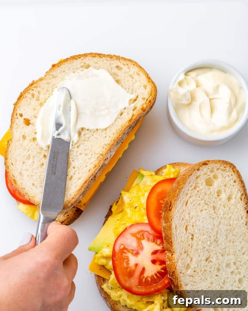 Spreading mayonnaise smoothly onto the exterior of a sandwich slice, preparing it for toasting.