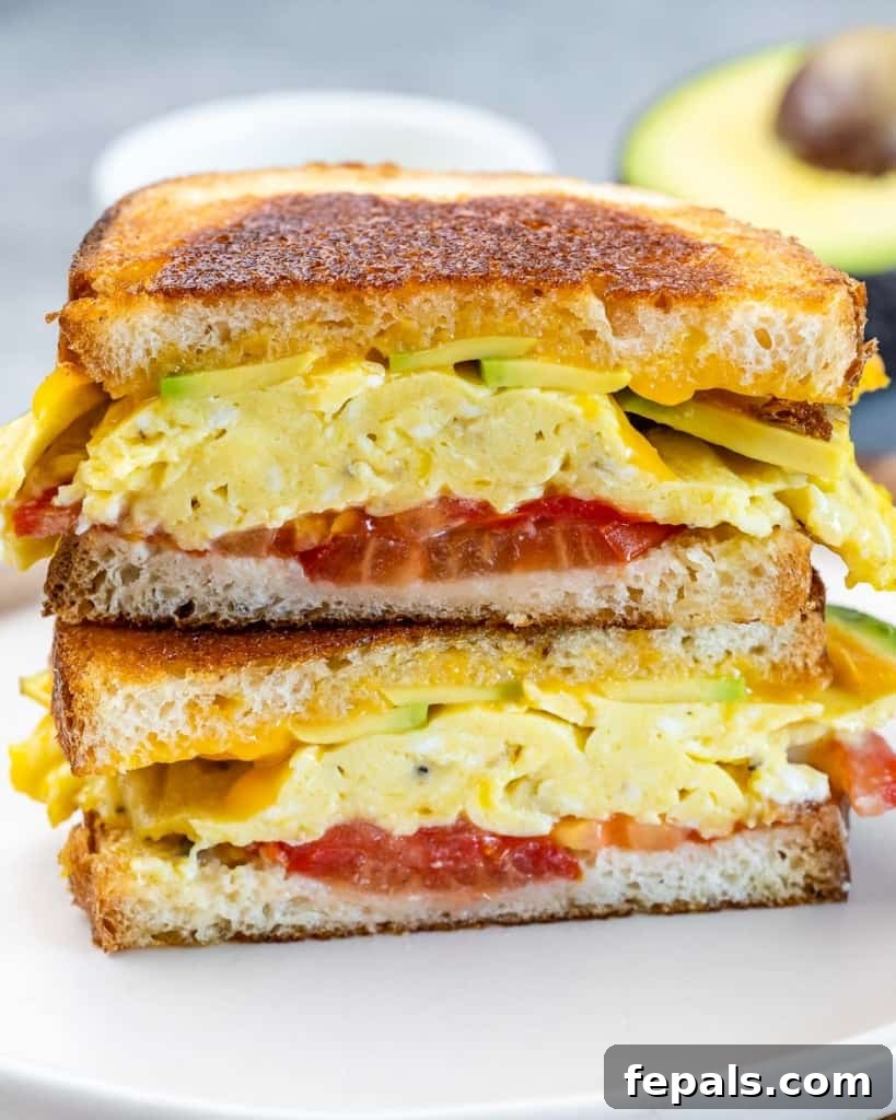 A close-up side shot of breakfast egg sandwich halves artfully arranged on a pristine white plate, revealing the rich layers within.