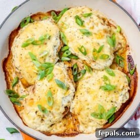 top view of 4 baked chicken breasts on a skillet topped with melted cheese