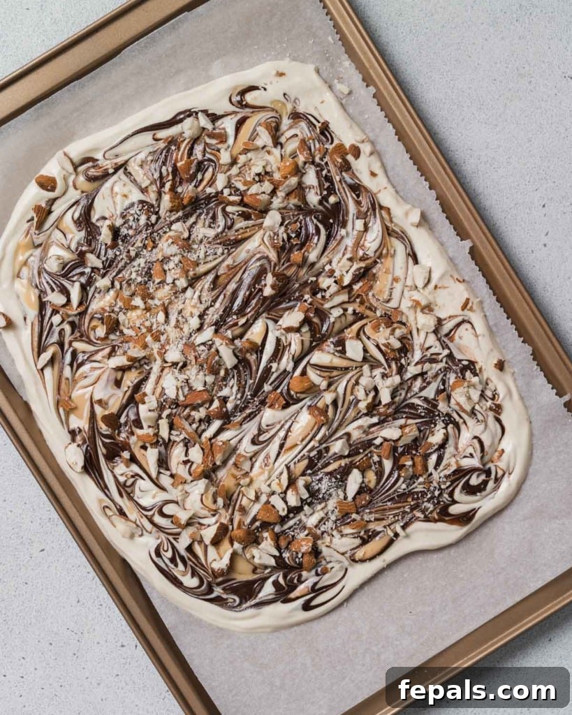 Peanut Butter Yogurt Frosty Bark 11 A close-up of the yogurt bark generously topped with nuts before freezing.
