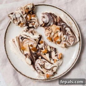 Top view of frozen yogurt barks on a plate, ready to be enjoyed.