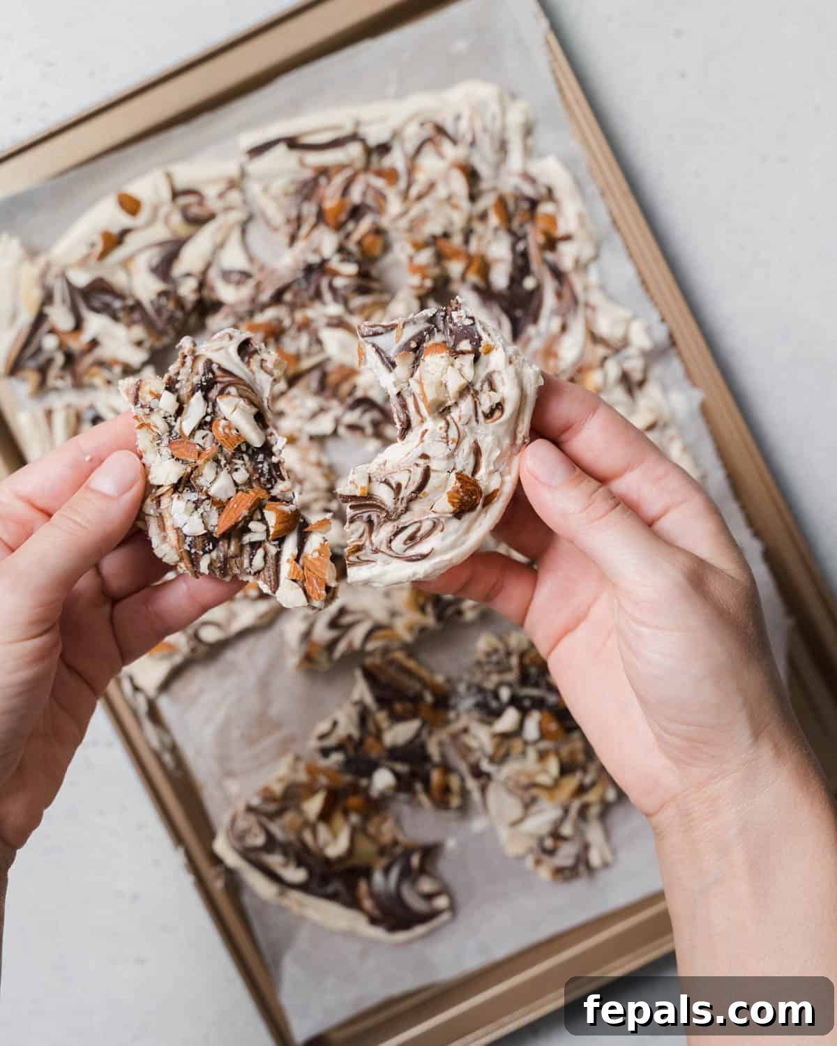 Peanut Butter Yogurt Frosty Bark 3 A hand holding a piece of frozen yogurt bark, showing its thick and inviting texture.