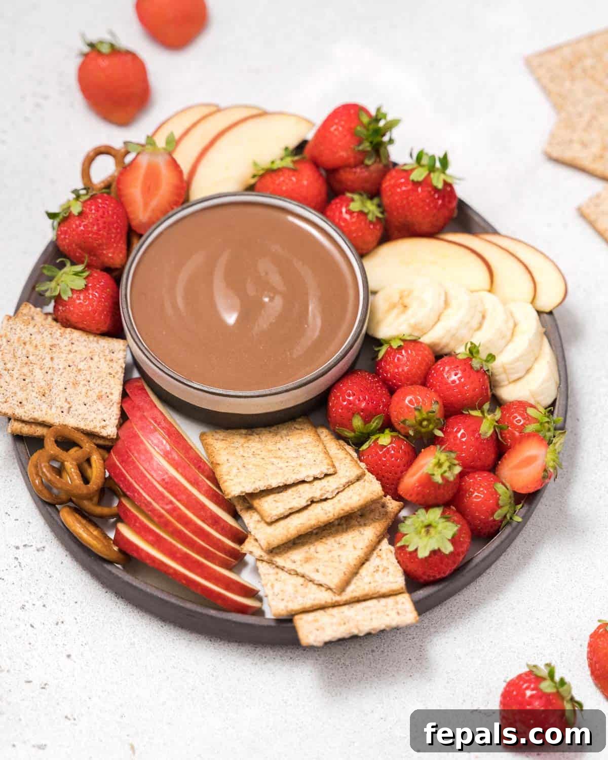 Chocolate fruit dip served beautifully with an assortment of fresh fruit and crackers on a platter.