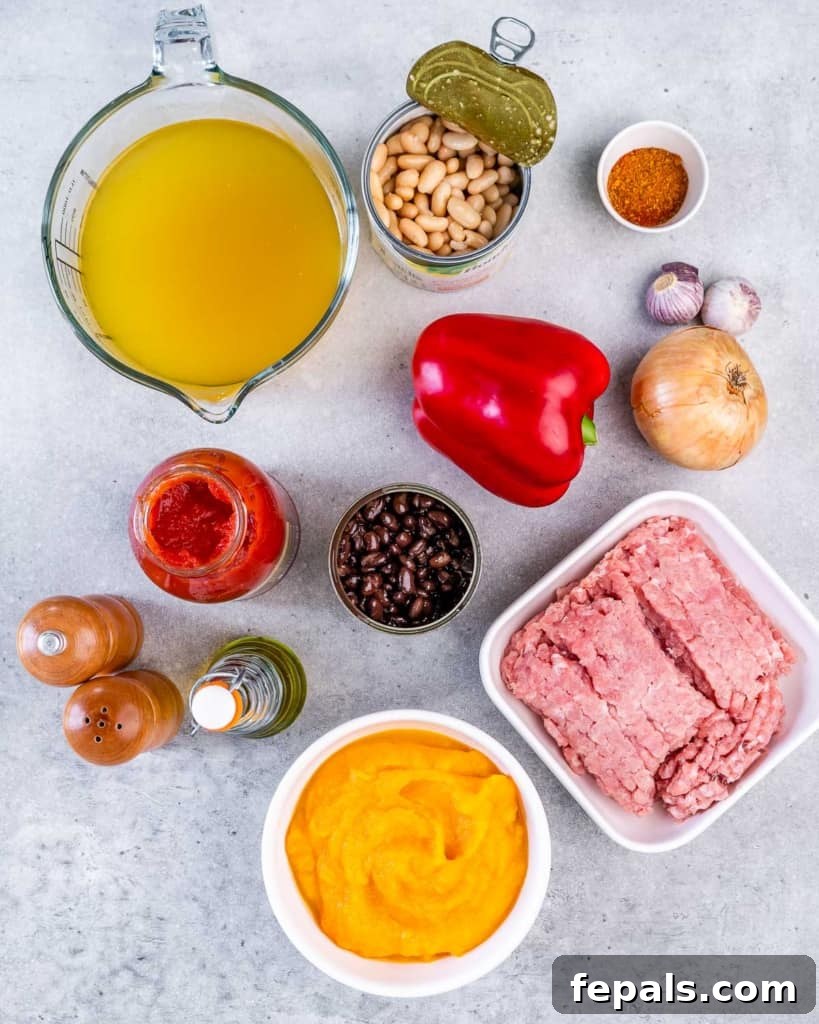 Arrangement of fresh ingredients for Turkey Pumpkin Chili including ground turkey, pumpkin puree, canned beans, bell peppers, onion, and spices.