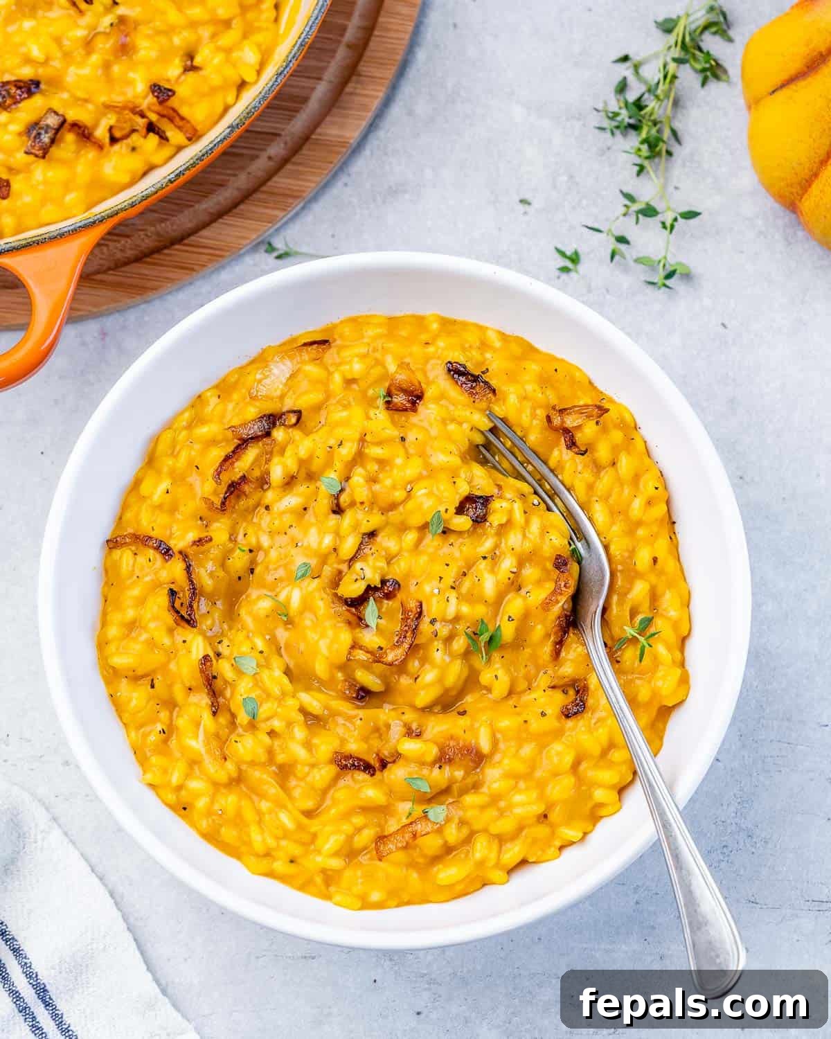 Velvet Pumpkin Risotto Easy Autumn Meal 2 Pumpkin risotto served with a fork in a white bowl, garnished with fresh herbs.