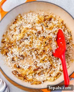 Velvet Pumpkin Risotto Easy Autumn Meal 11 Stirring rice with caramelized onions and garlic in a pot.