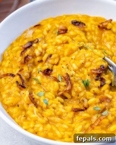 Velvet Pumpkin Risotto Easy Autumn Meal 14 Risotto topped with caramelized onions and fresh thyme.