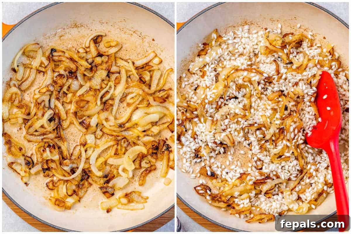 Velvet Pumpkin Risotto Easy Autumn Meal 4 Process shot of cooking sliced onions in a large pan with olive oil until golden.