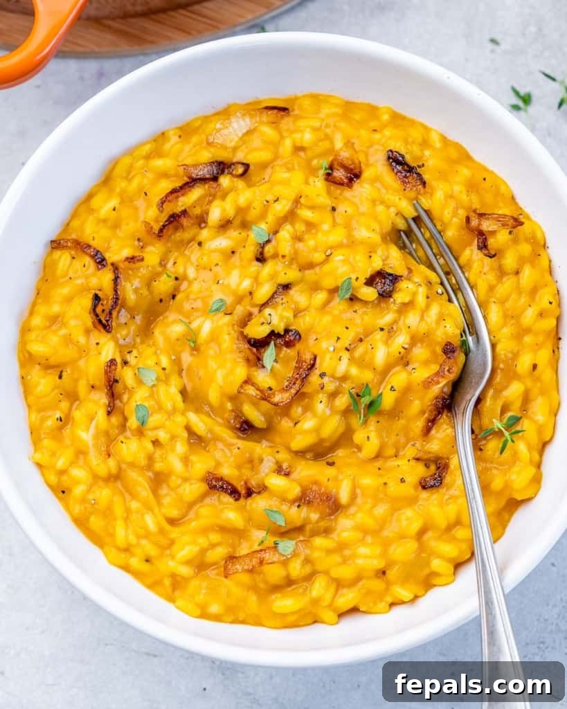 Velvet Pumpkin Risotto Easy Autumn Meal 6 Top view of pumpkin risotto in a round white bowl with a spoon on the right side, garnished with herbs.