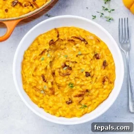 Top view pumpkin risotto in a white round bowl.