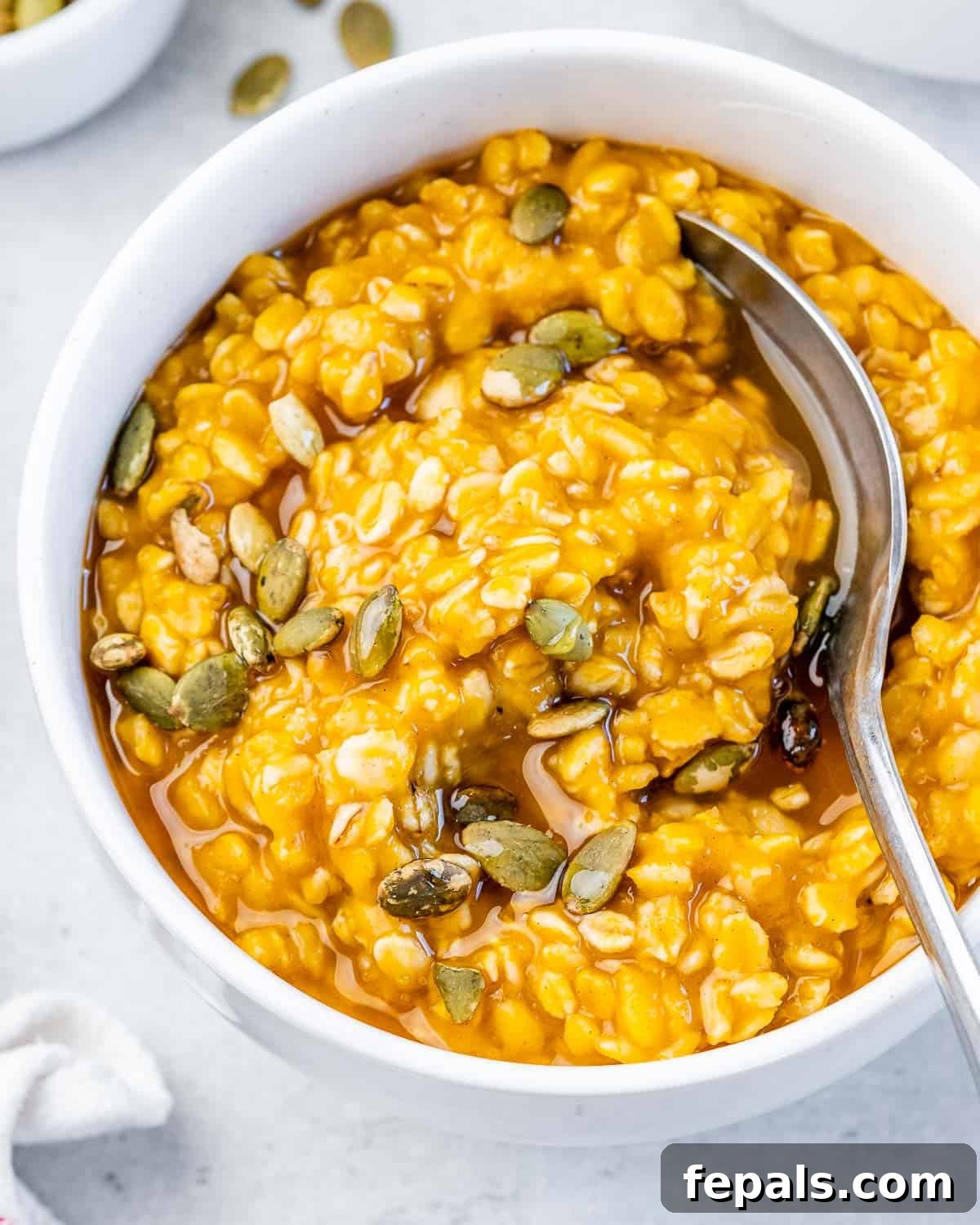 Bowl of pumpkin oatmeal served in a white bowl with a spoon.