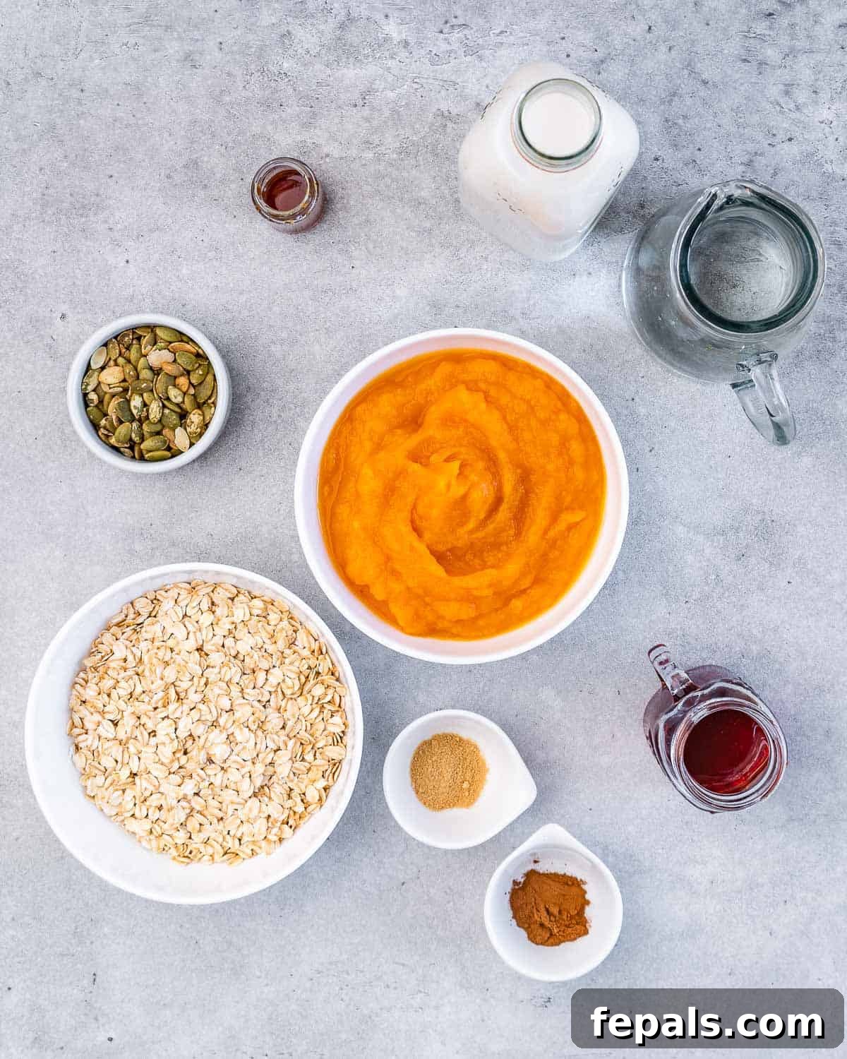 Bowl of oats, pumpkin puree, spices, water, milk and maple syrup.