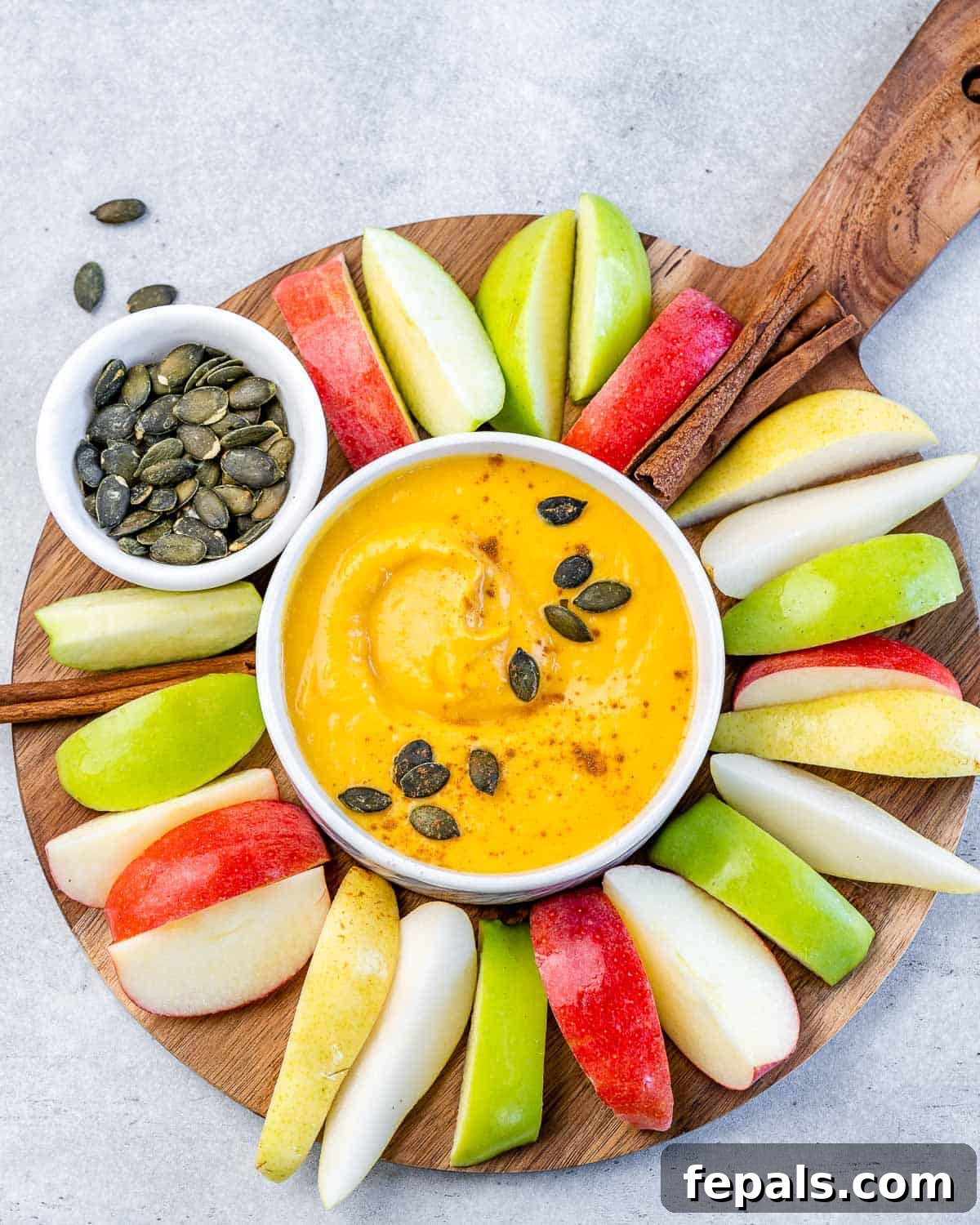 Top view of a white bowl with pumpkin pie fruit dip surrounded by apple slices.
