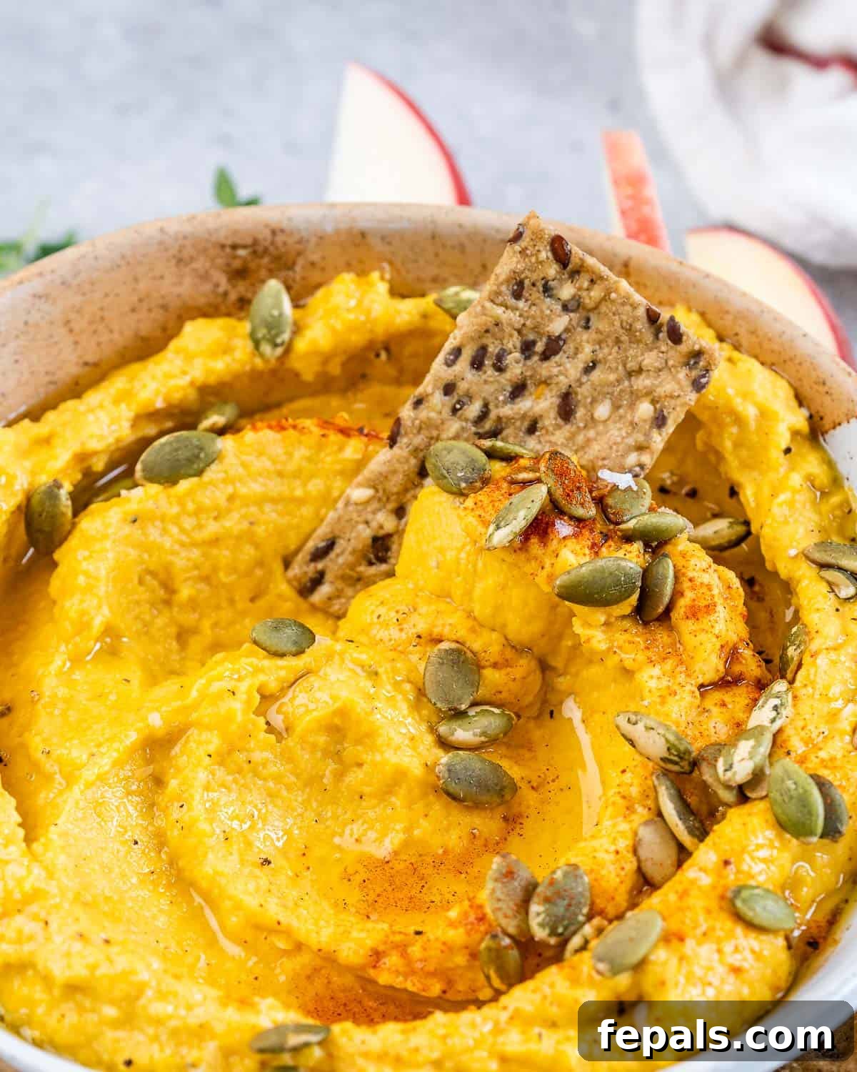 Spiced Pumpkin Hummus 3 Closeup view of a seedy cracker dipped in pumpkin hummus.