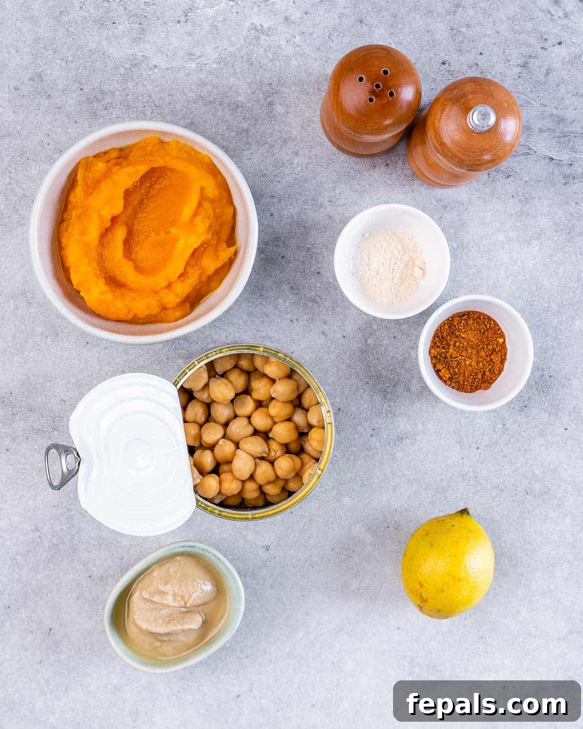 Spiced Pumpkin Hummus 4 Can of chickpeas, pumpkin puree, lemon, tahini and seasonings.