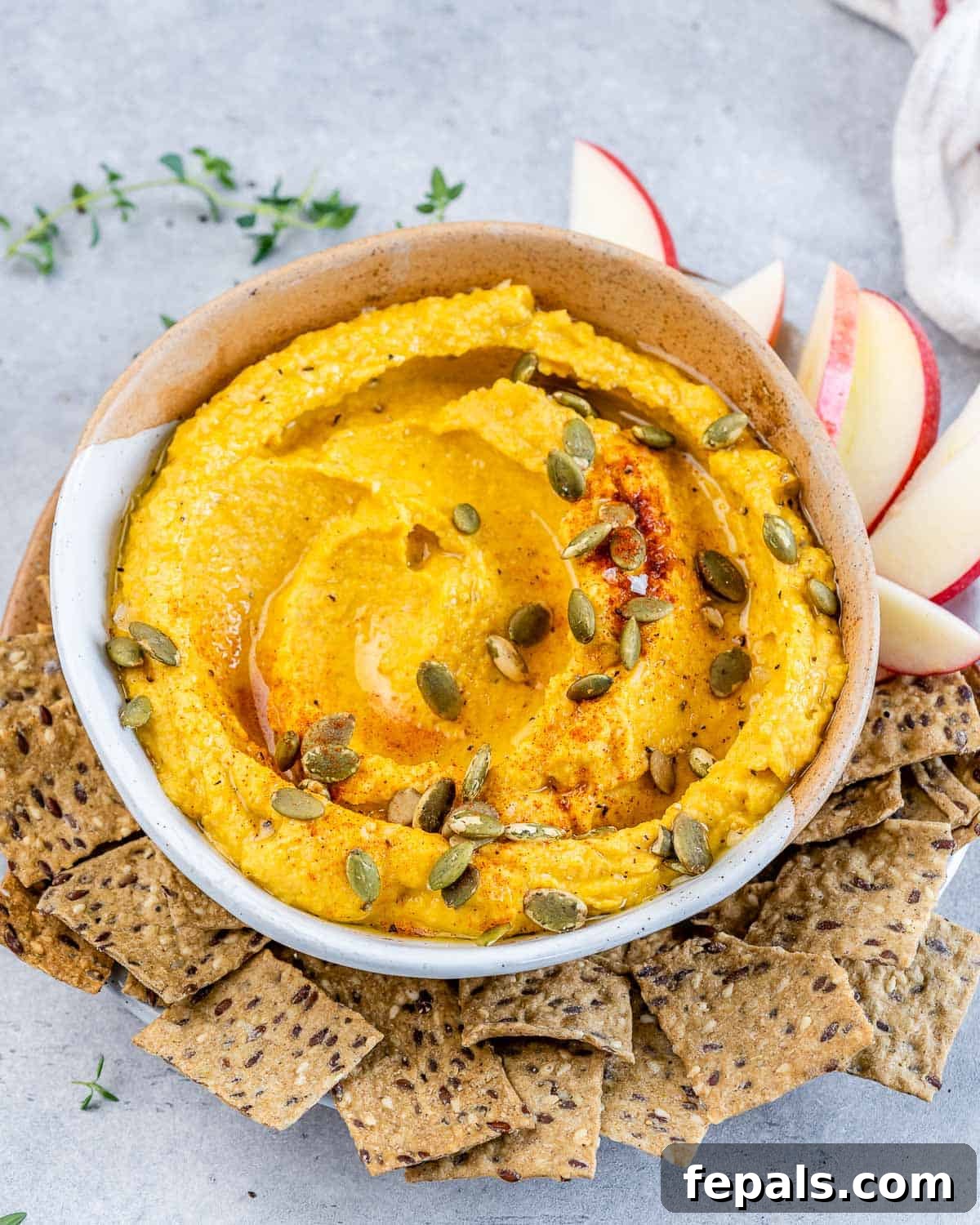 Spiced Pumpkin Hummus 8 Pumpkin hummus topped with pumpkin seeds and served with crackers and apple slices.