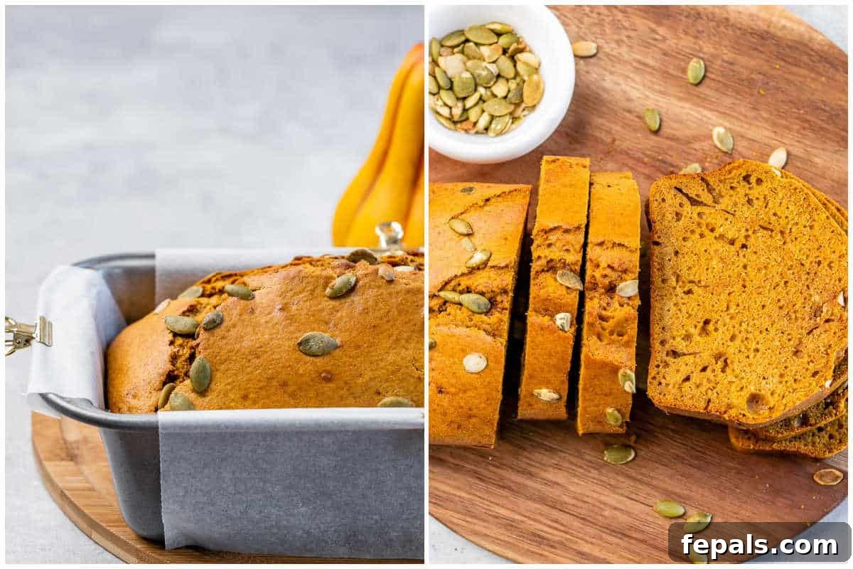 Process shot showing baked pumpkin bread in a loaf pan and slices cooling on a wooden cutting board.
