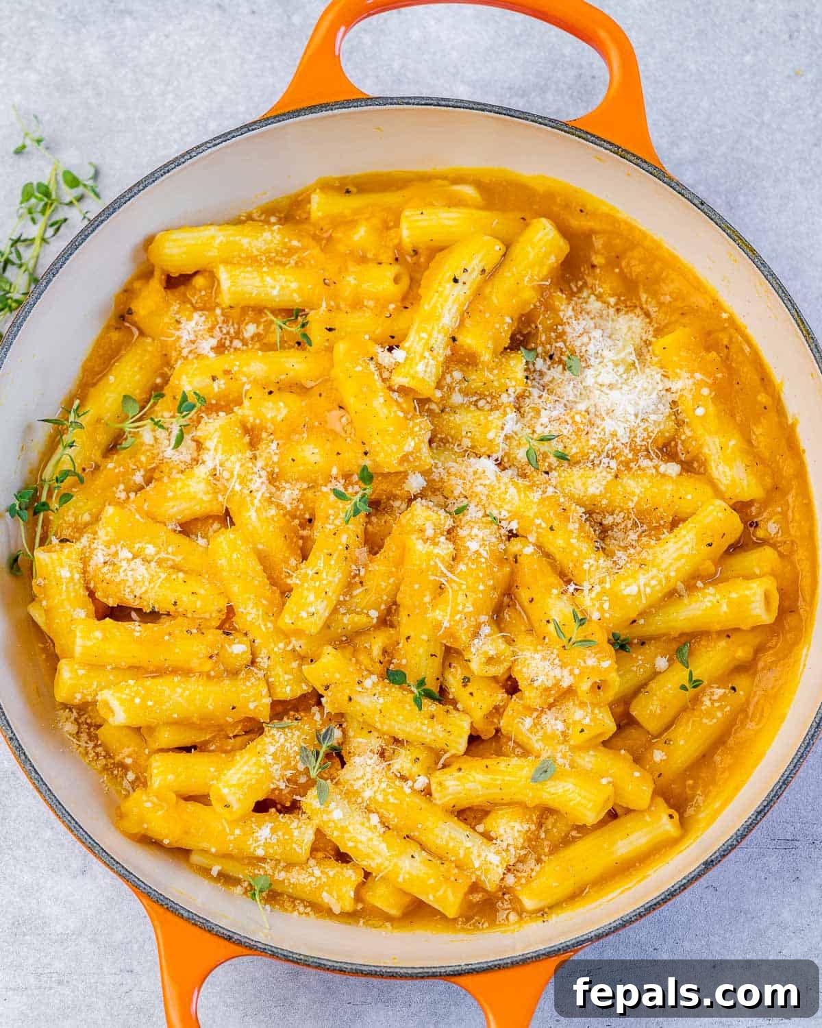 Creamy pumpkin pasta in a large pot, garnished with fresh herbs.