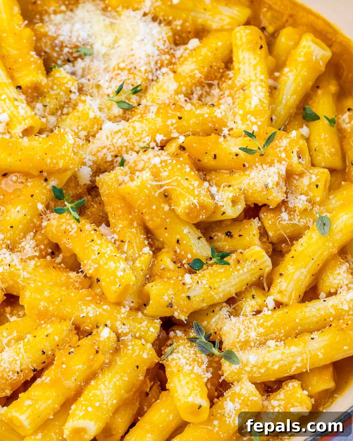 Closeup view of creamy pumpkin pasta garnished with fresh thyme and Parmesan cheese.