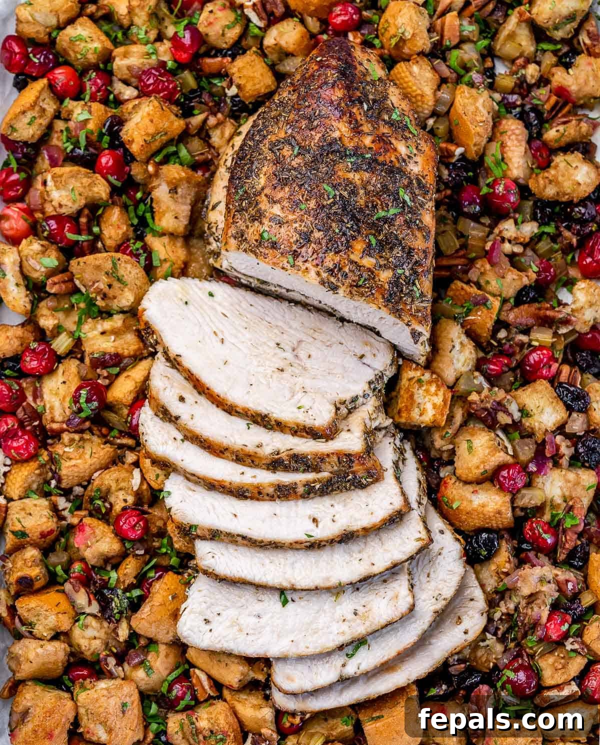 Golden Herb Roasted Sheet Pan Turkey Breast 2 Sliced baked turkey breast served over a bed of festive herb stuffing with cranberries.