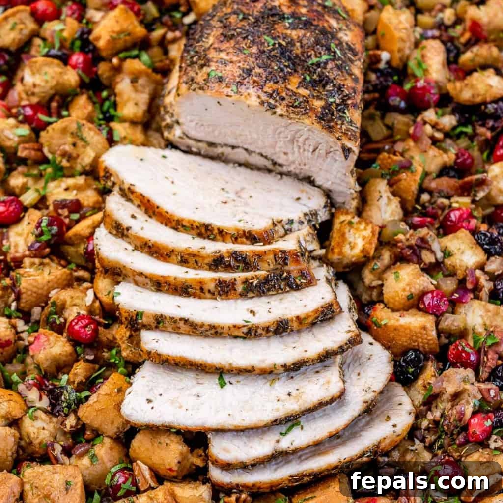 Golden Herb Roasted Sheet Pan Turkey Breast 11 A stunning final presentation of sliced baked turkey breast over a bed of stuffing with cranberries, perfect for a holiday meal.