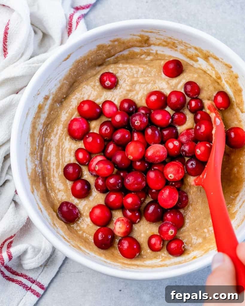 Wholesome Cranberry Orange Muffins 6 Stirring fresh cranberries into a bowl with batter.