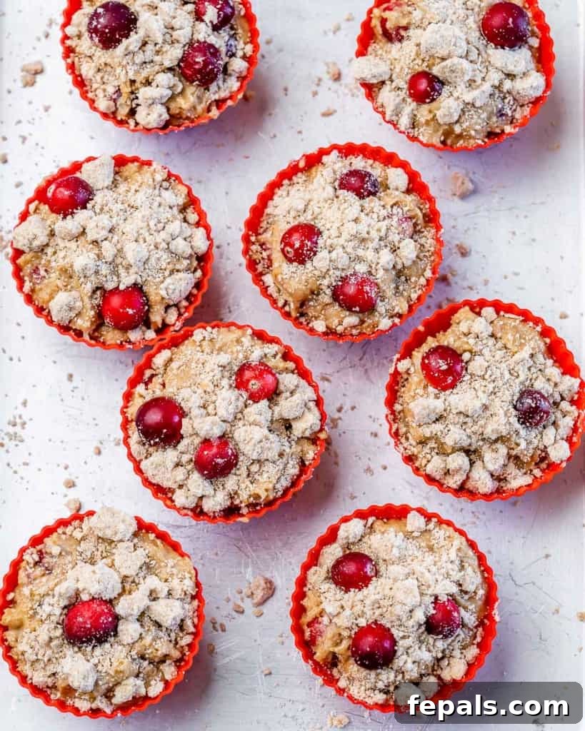 Wholesome Cranberry Orange Muffins 7 Cranberry muffins in silicone muffin liners.
