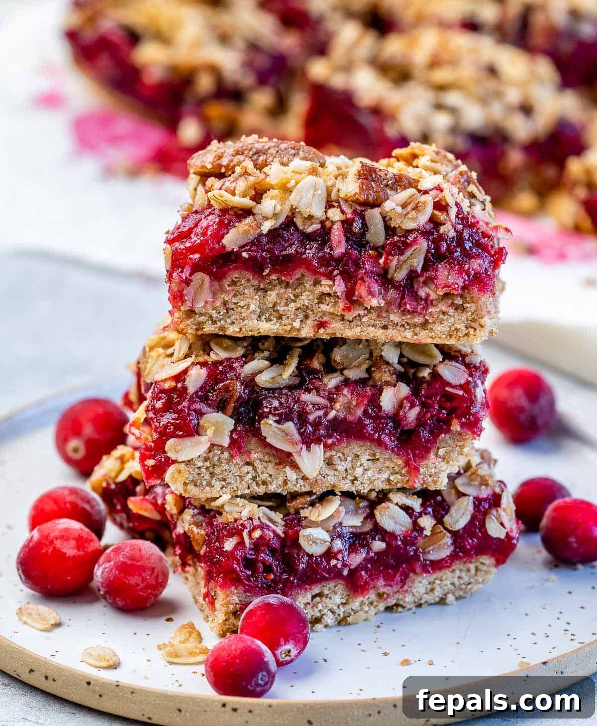 Cranberry oatmeal bars stacked on a plate with fresh cranberries on the side, highlighting their delicious layers.