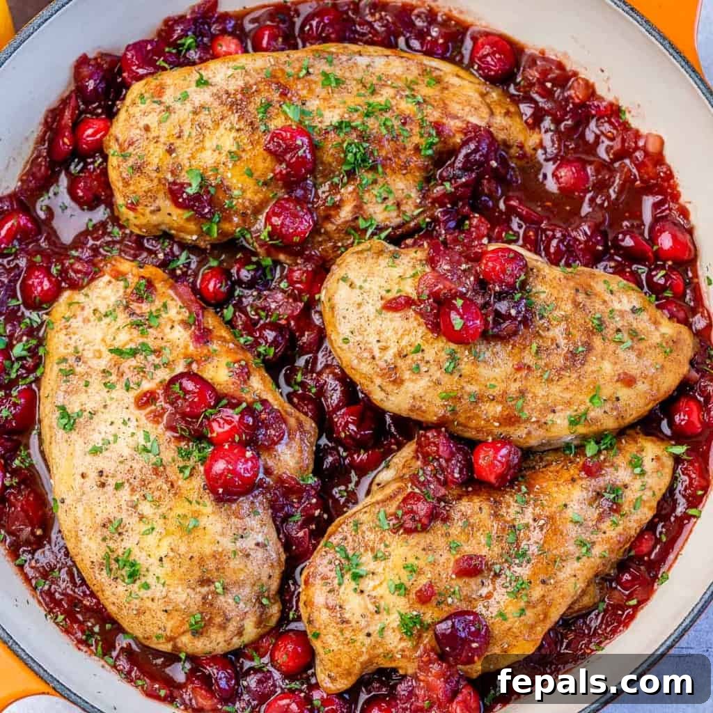 Top view of a skillet with 4 cooked chicken breast in a cranberry sauce, ready to be served.