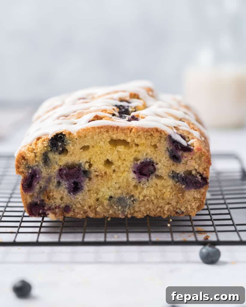 Zesty Blueberry Lemon Loaf 2 side view of sliced lemon blueberry bread on a wire wrack