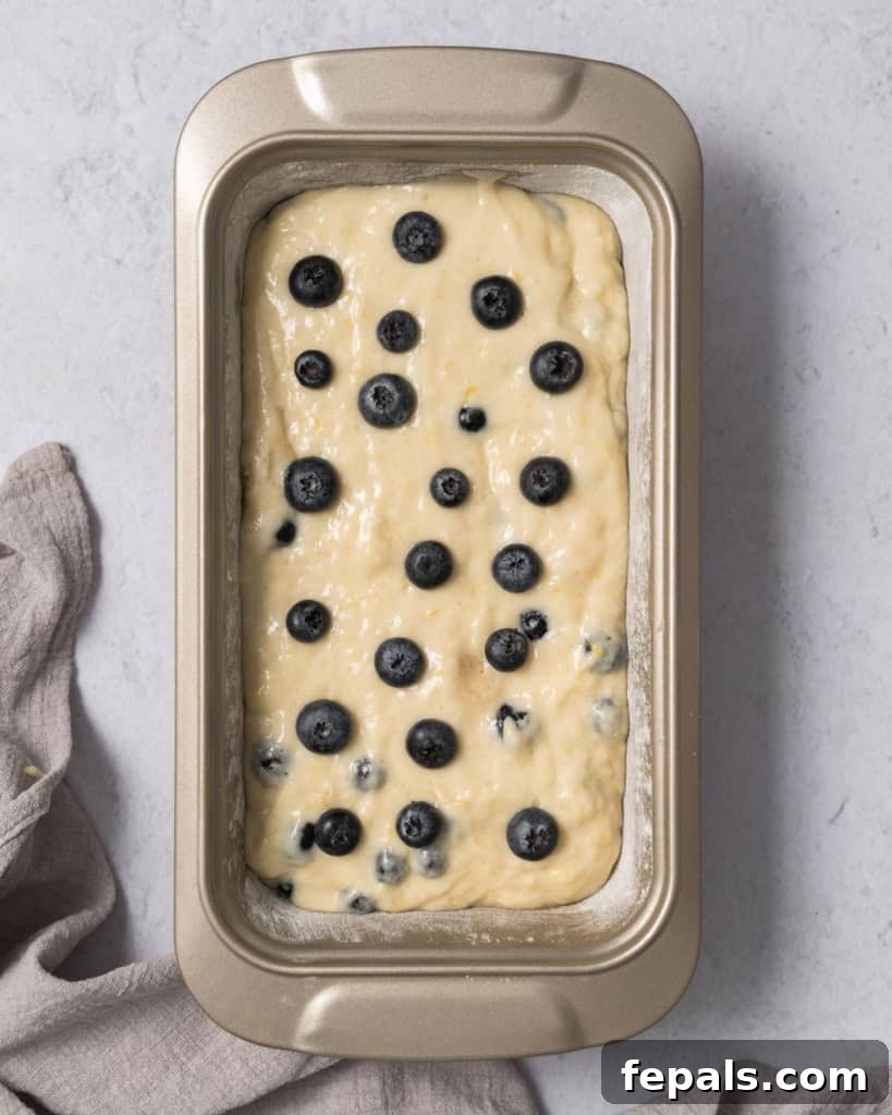 Zesty Blueberry Lemon Loaf 14 batter placed in pan topped with blueberries