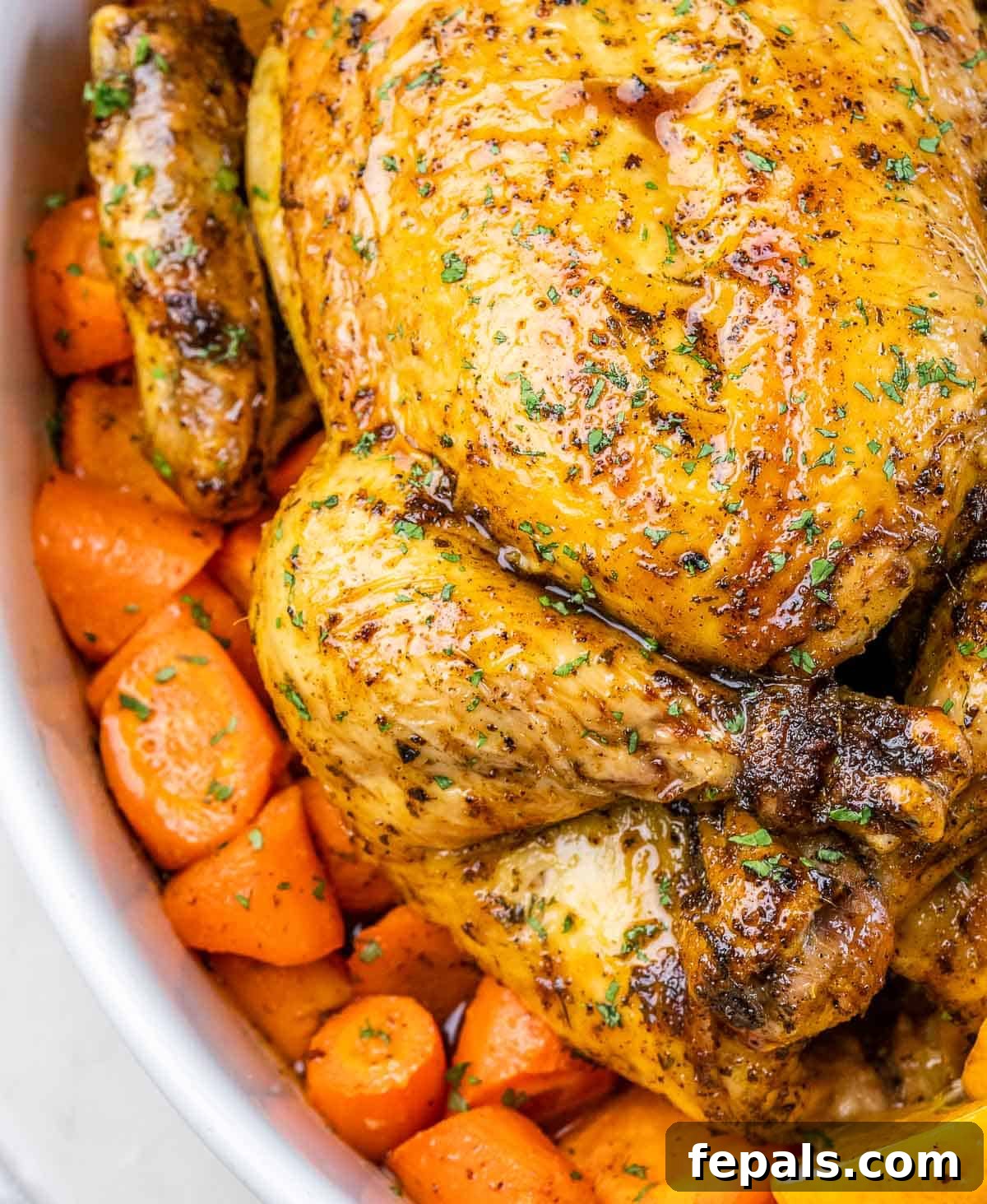 Maple-Kissed Roasted Whole Chicken 3 Close-up view of a whole baked chicken over roasted carrots, showing the golden skin.