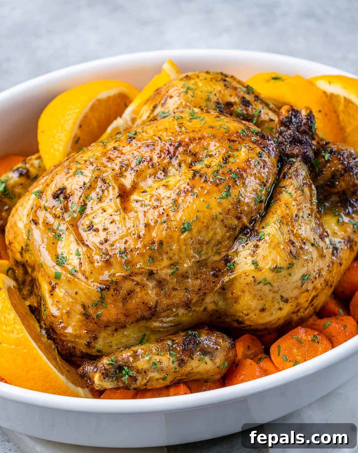 Maple-Kissed Roasted Whole Chicken 8 A beautifully baked whole chicken in a dish, surrounded by roasted carrots and orange slices.